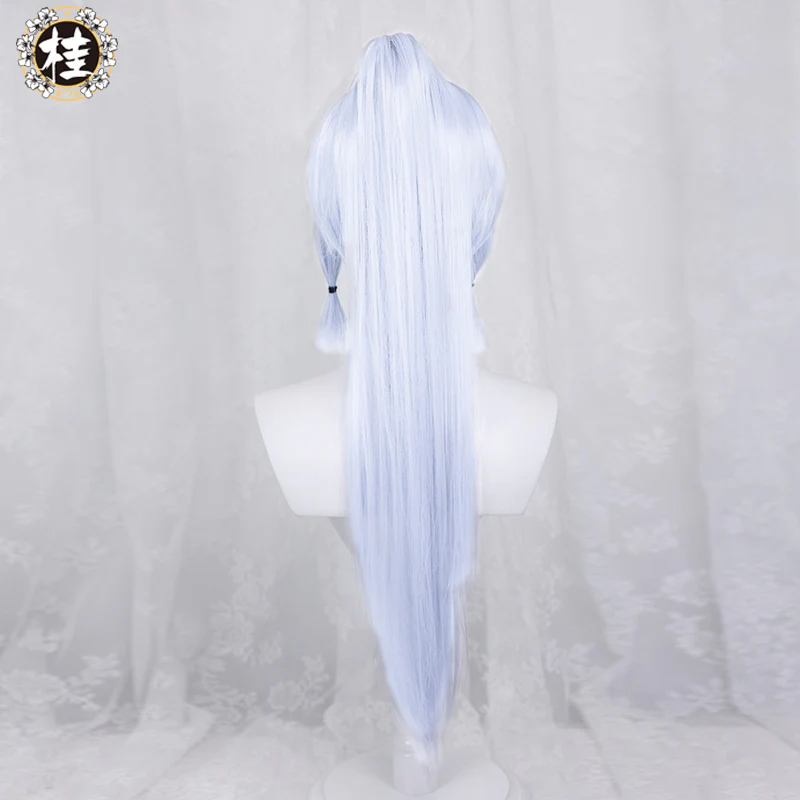 Uwowo Game Genshin Impact Kamisato Ayaka Cosplay Wig 65cm White blue Ponytail Hair - Image 3